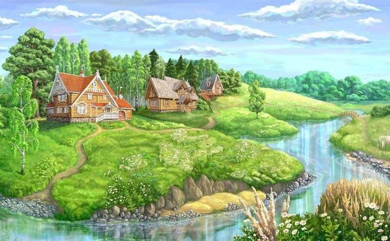 Wooden Houses by River — Green, Serene, Afternoon, Illustration, Trees
