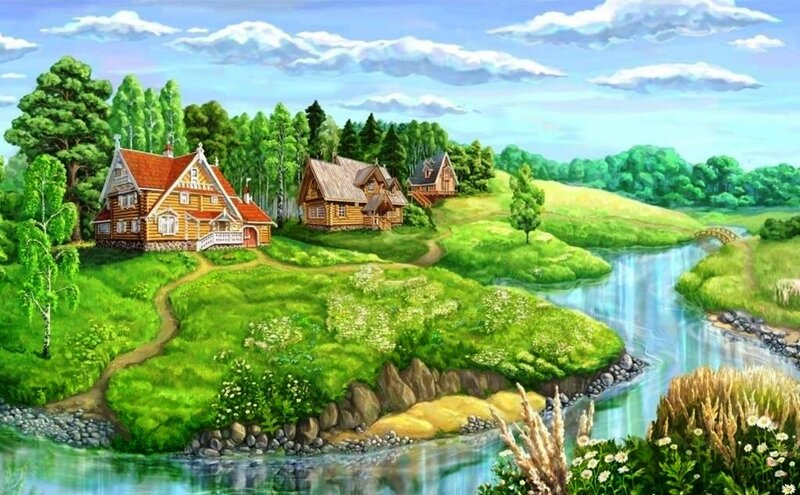 Wooden Houses by River — Green, Serene, Afternoon