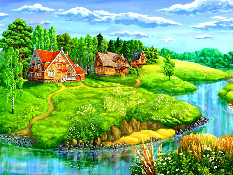 Wooden Houses by River — Green
