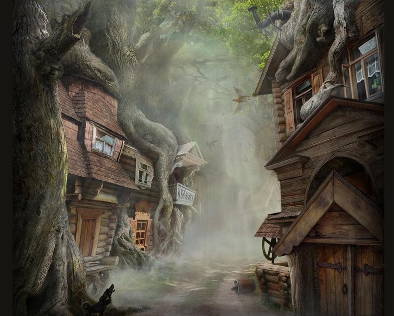 Wooden Houses in Forest