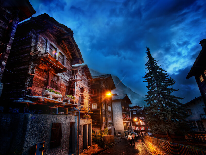 Wooden Houses in Mountain Village — Blue