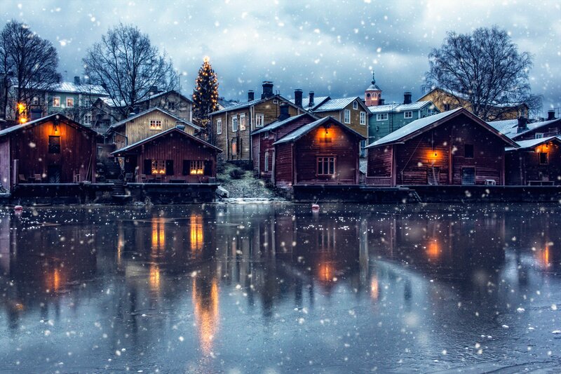 Wooden Houses in Snow