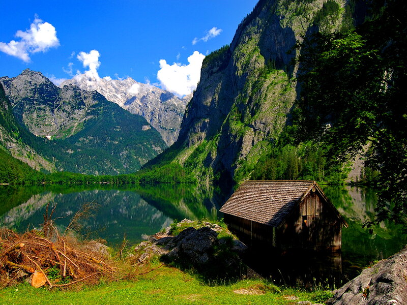 Wooden Hut by Lake — Green