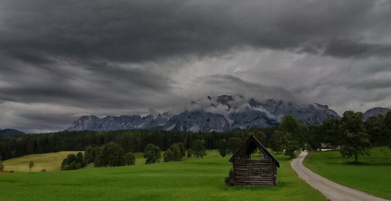 Wooden Hut in Field — Green, Dramatic