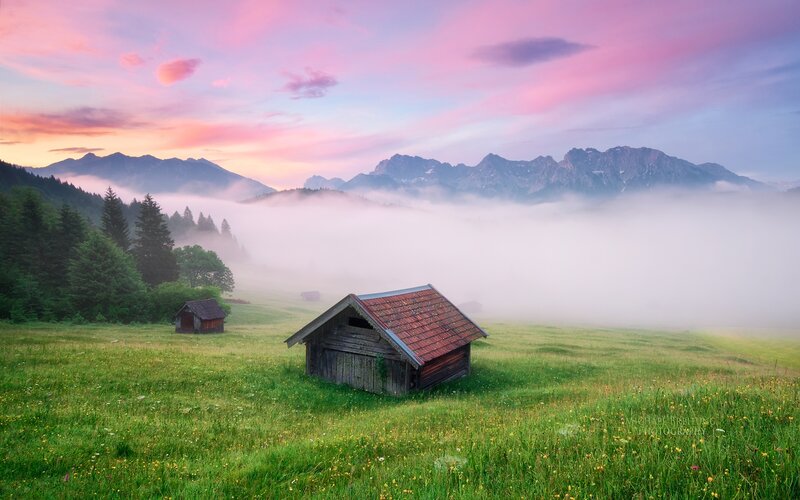 Wooden Hut in Meadow — Green