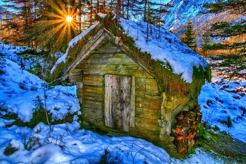 Wooden Hut in Snow — Blue, Dramatic