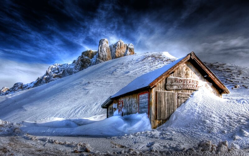 Wooden Hut in Snow — Blue