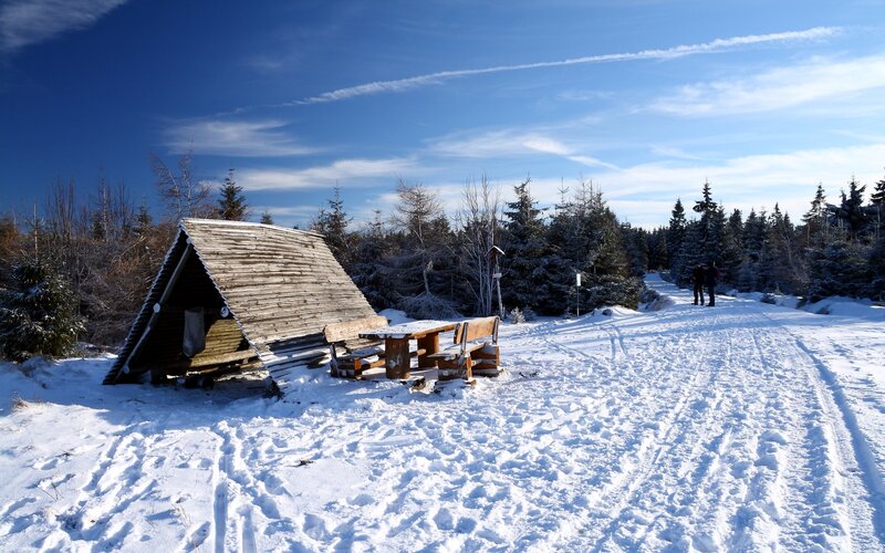 Wooden Hut in Snow — White, Serene, Winter, Photograph, Table