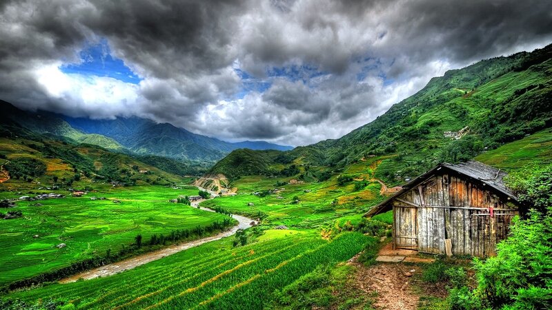 Wooden Hut in Valley — Green, Dramatic, Afternoon