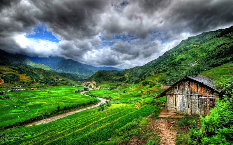 Wooden Hut in Valley — Green, Dramatic