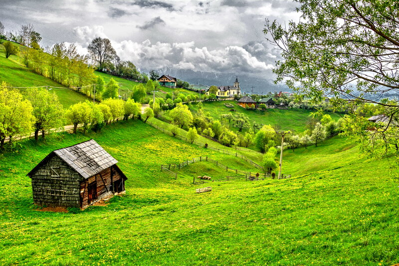 Wooden Hut on Hillside — Green, Dramatic, Spring