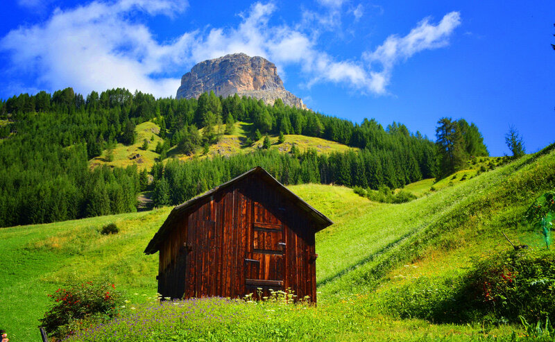 Wooden Hut on Hillside — Green, Serene, Afternoon, Photograph