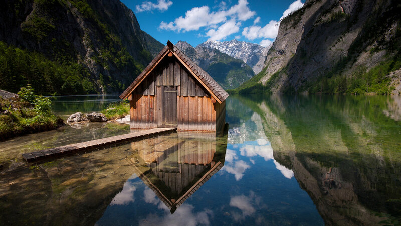 Wooden Hut on Lake — Blue