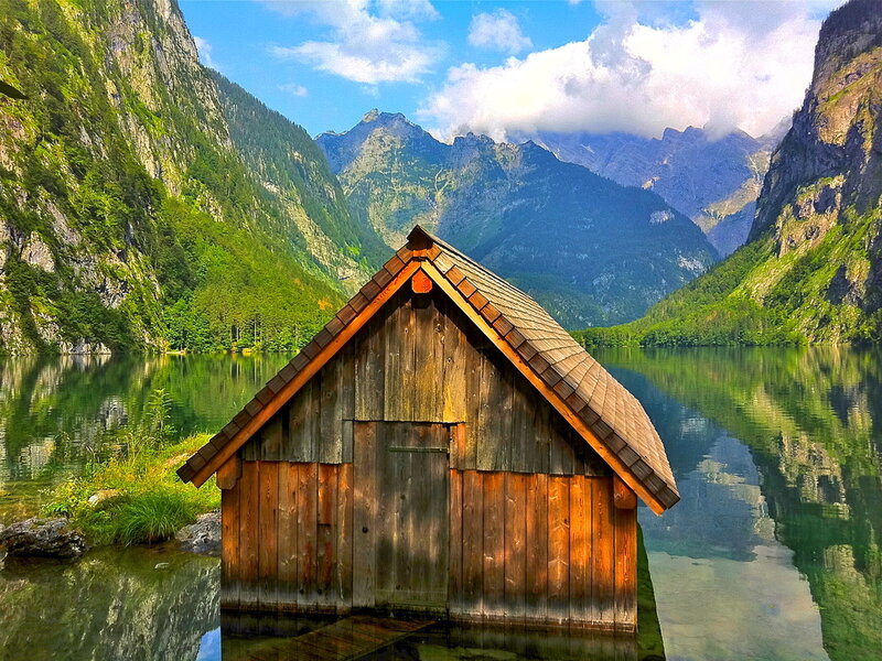 Wooden Hut on Lake — Green, Serene