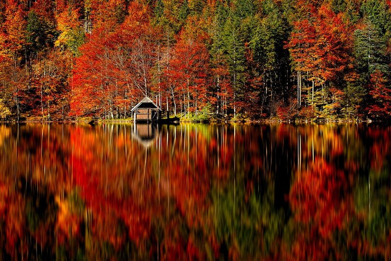 Wooden Hut on Lake — Red