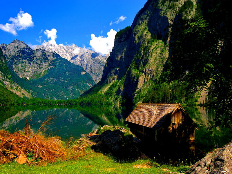 Wooden Hut on Lake Shore