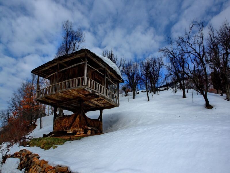 Wooden hut on snowy hill