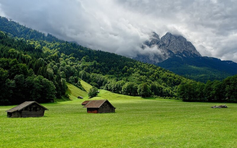 Wooden Huts in Meadow — Green, Serene, Afternoon, Photograph