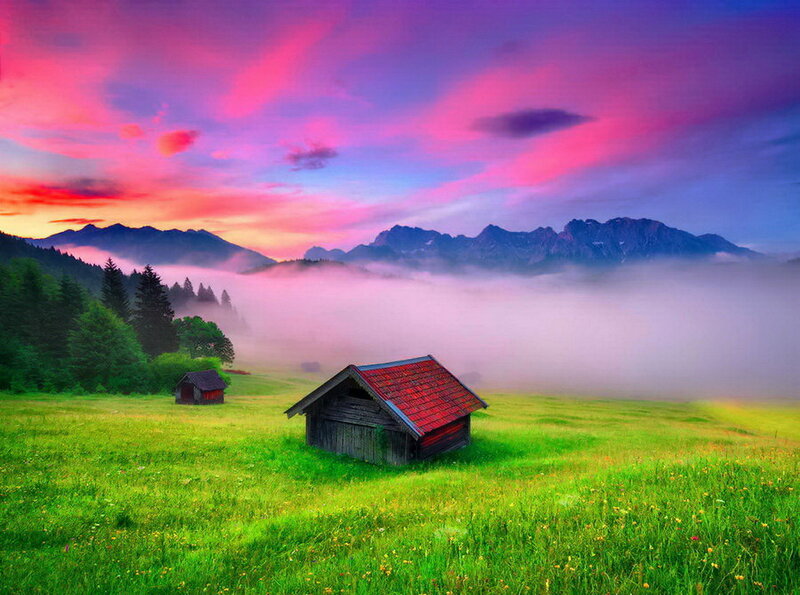 Wooden Huts in Meadow — Green