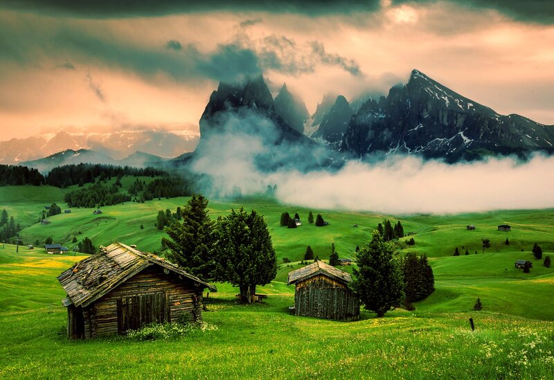 Wooden Huts in Mountains — Green