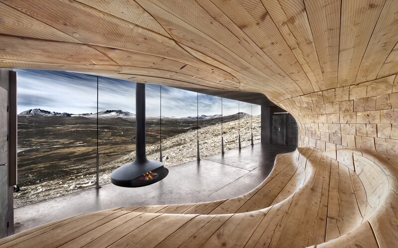 Wooden Interior with Fireplace — Brown