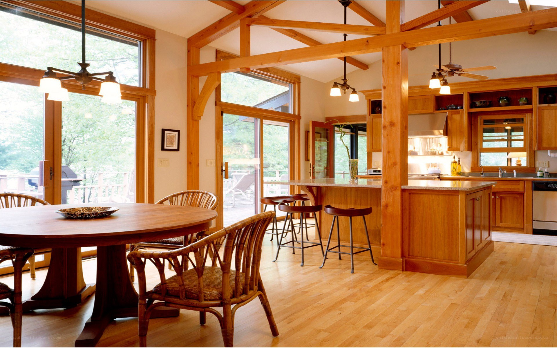 wooden kitchen and dining area