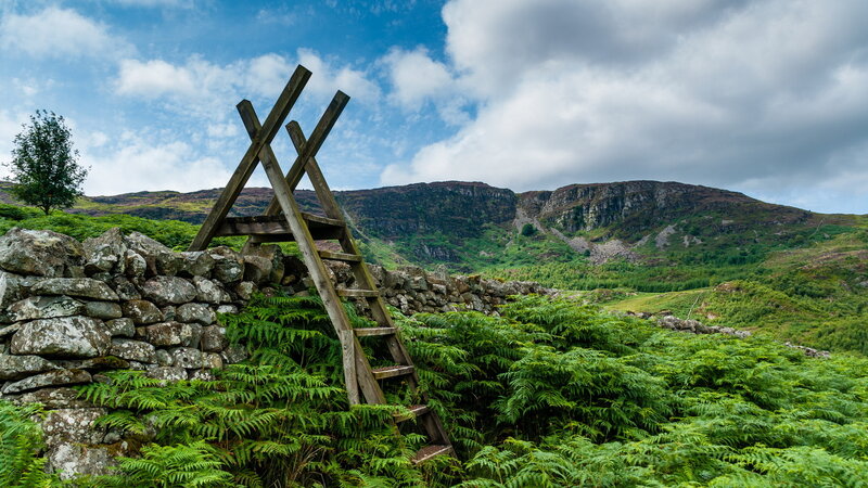 Wooden Ladder Against Stone Wall