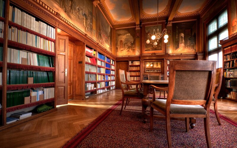 Wooden Library Room — Brown, Dramatic, Afternoon, Photograph, Bookshelves