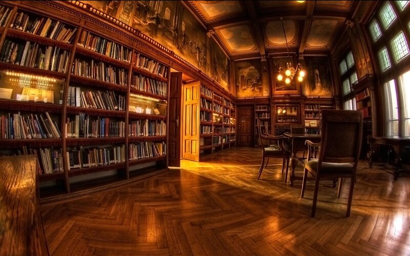 Wooden Library Room — Brown, Dramatic, Photograph, Bookshelves, Chandelier, Table
