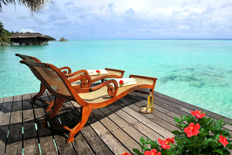 Wooden Lounge Chairs — Blue, Serene, Afternoon, Photograph