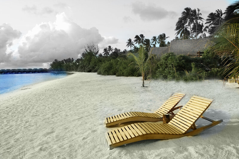 Wooden Lounge Chairs — White, Serene, Afternoon, Photograph, Beach