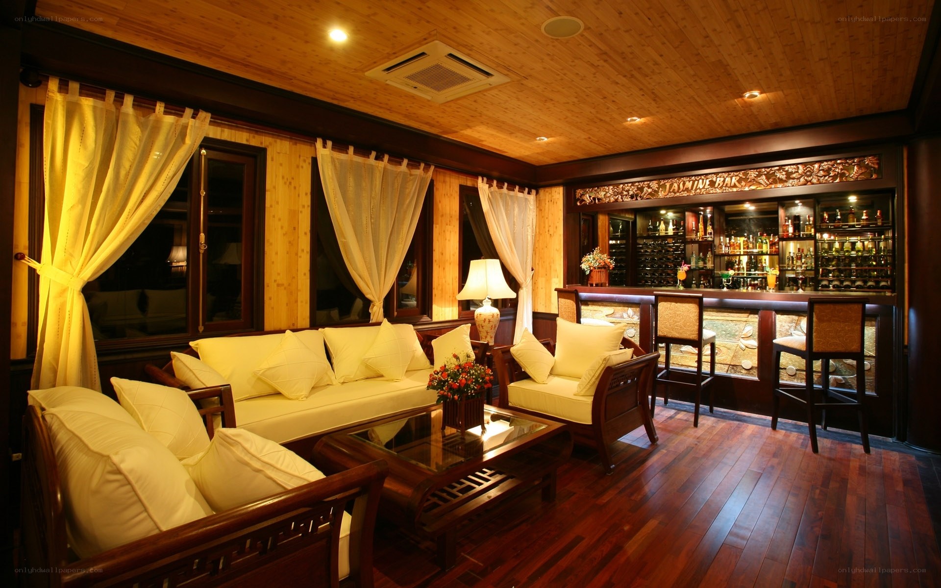 Wooden lounge with bar