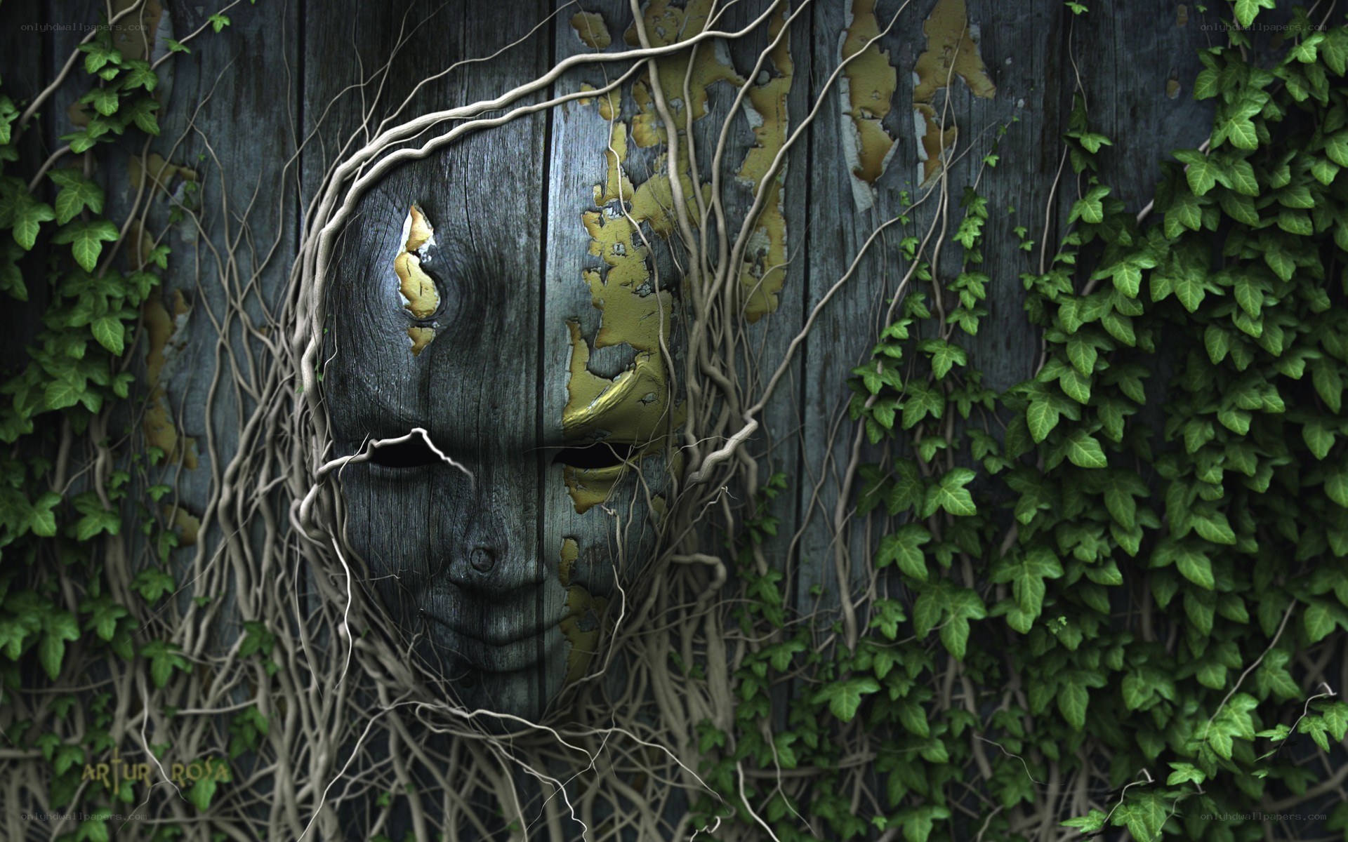 wooden mask with vines