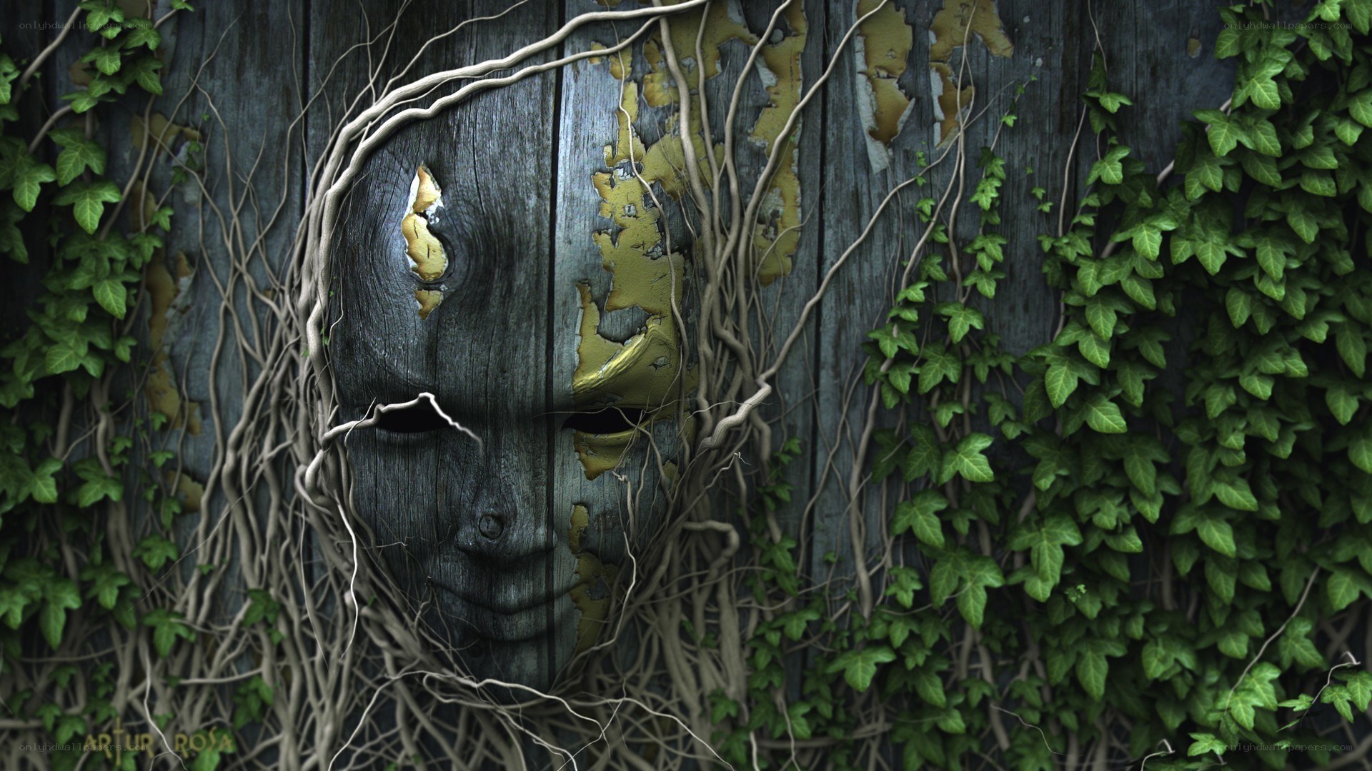 wooden mask with vines
