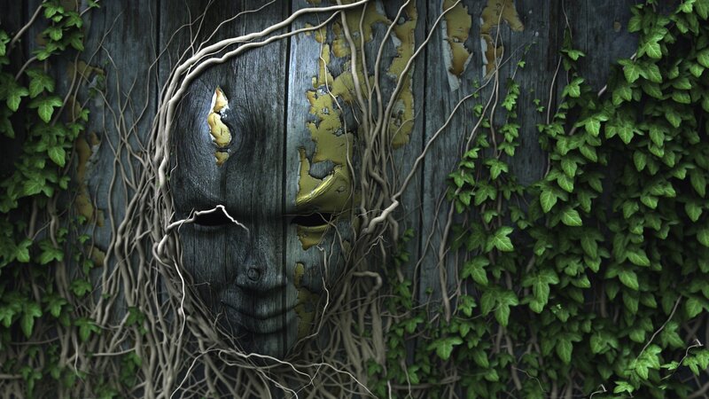 Wooden Mask with Vines — Green, Mysterious, Digital Art, Ivy