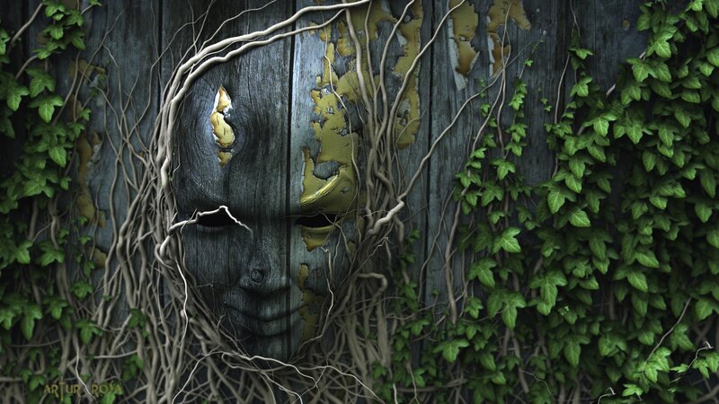 Wooden Mask with Vines — Green