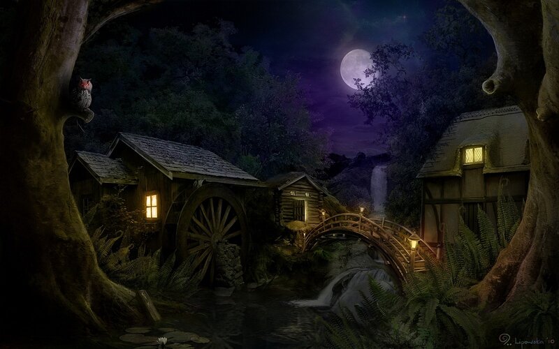 Wooden Mill at Night