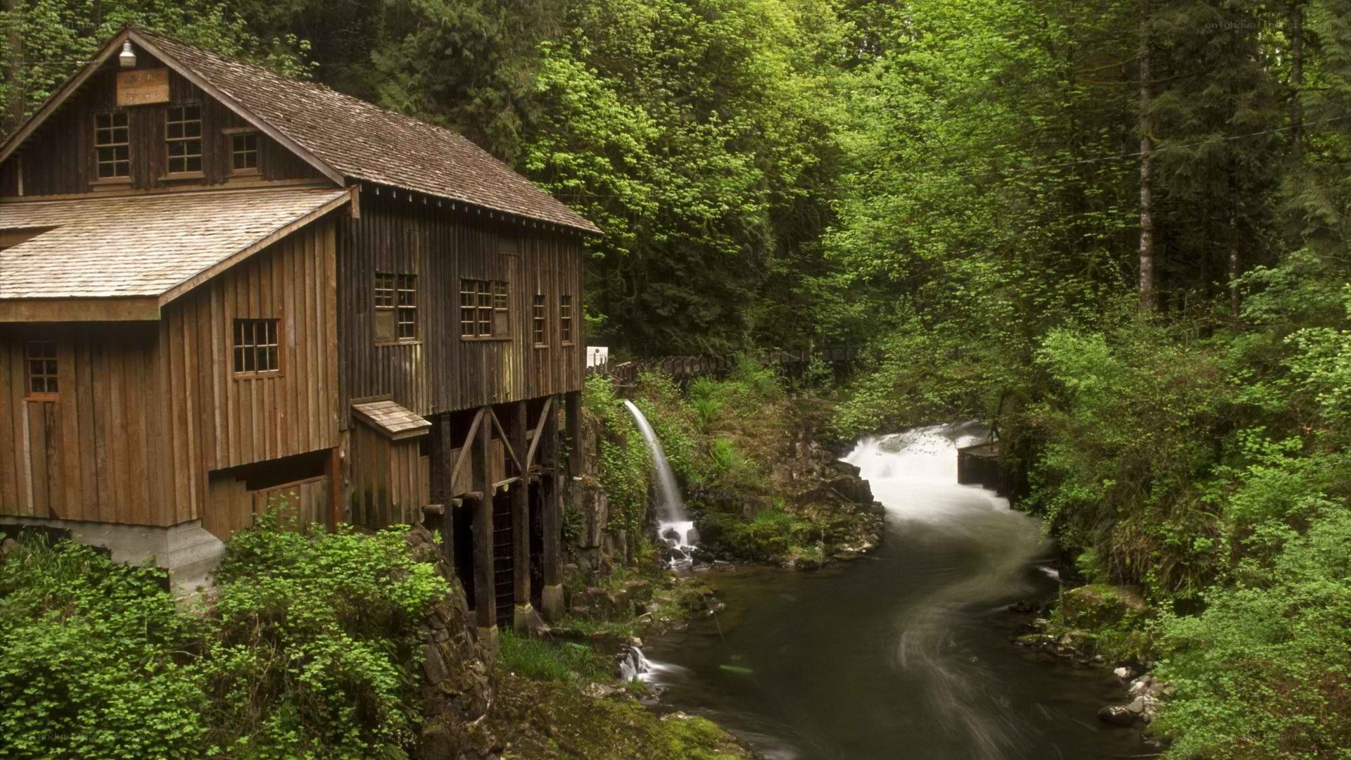Wooden mill by a forest stream