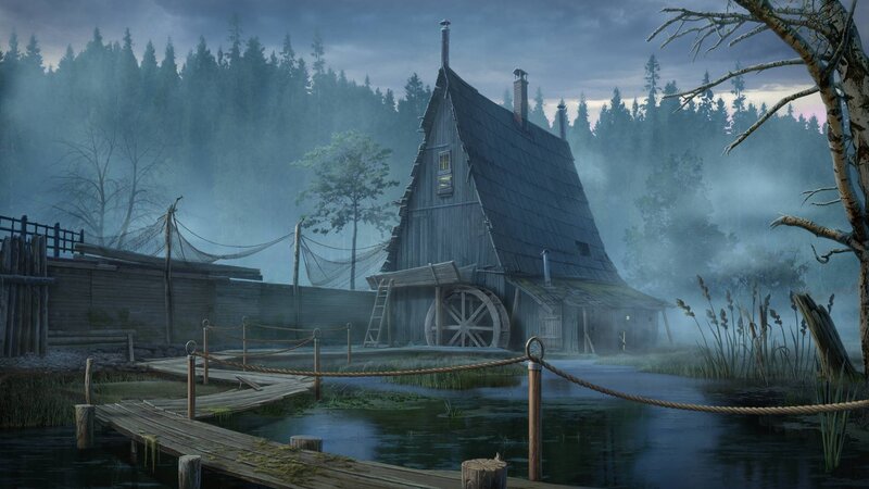 Wooden Mill by Lake — Blue