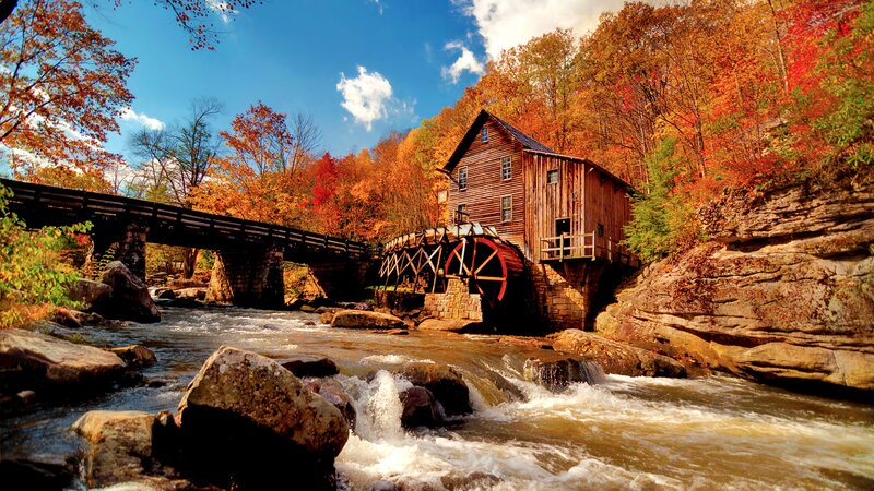 Wooden Mill by River — Blue, Serene, Autumn, Photograph, Bridge, Trees