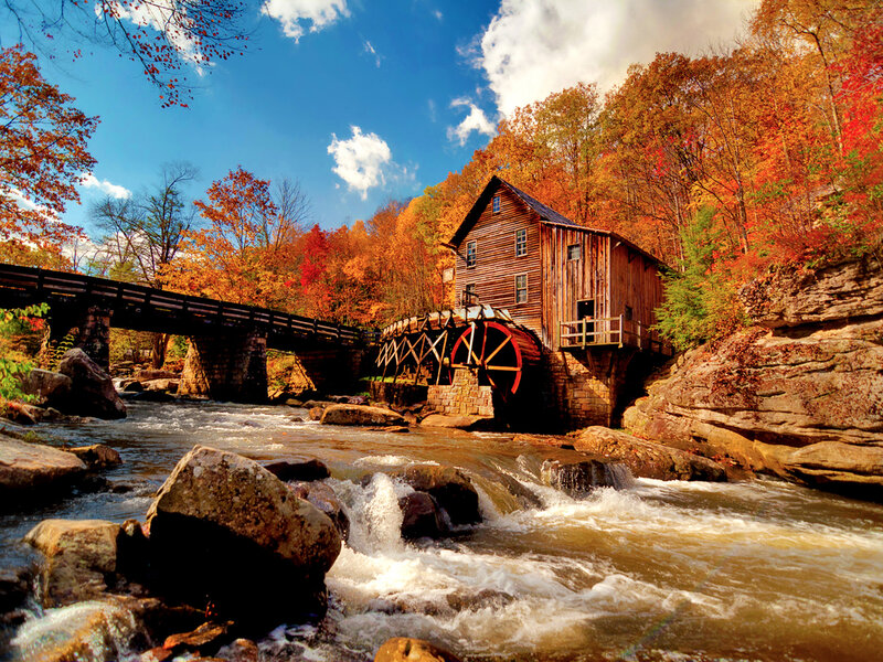 Wooden Mill by River — Blue, Serene