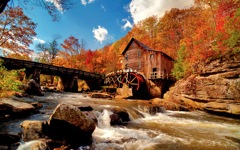 Wooden Mill by River — Blue
