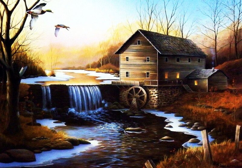 Wooden Mill by River — Brown, Serene, Autumn, Painting, Ducks