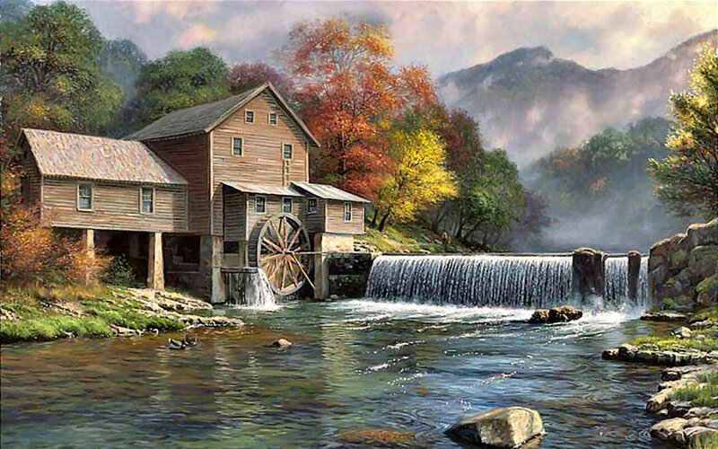 Wooden Mill by River — Brown, Serene, Autumn, Painting
