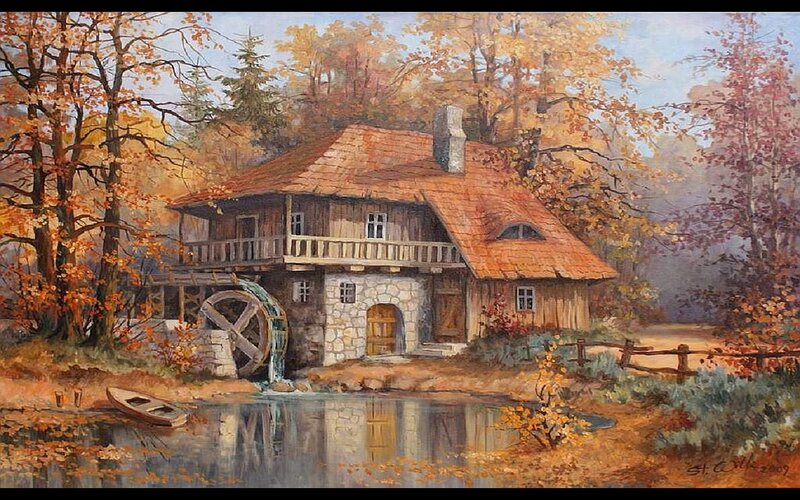 Wooden Mill by River — Brown, Serene, Autumn, Painting, Trees