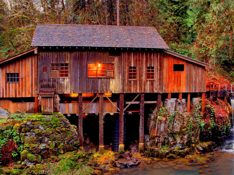 Wooden Mill by River — Brown, Serene, Autumn, Photograph, Forest