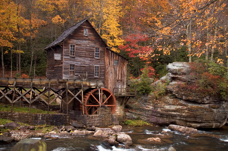 Wooden Mill by River — Brown, Serene, Autumn, Photograph