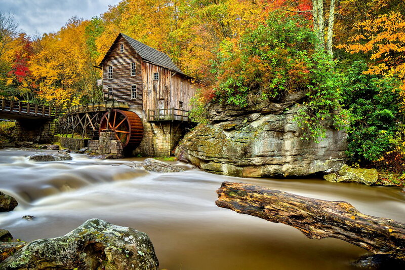 Wooden Mill by River — Brown, Serene, Autumn, Photograph, Trees, Bridge