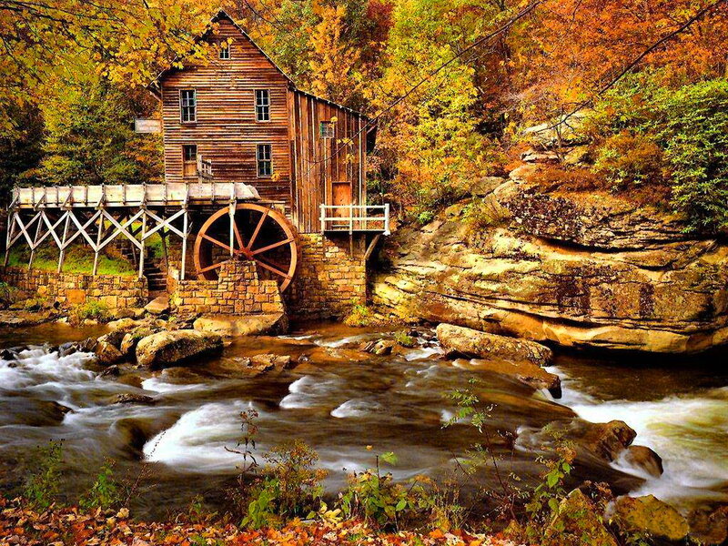 Wooden Mill by River — Brown, Serene, Autumn, Photograph, Trees