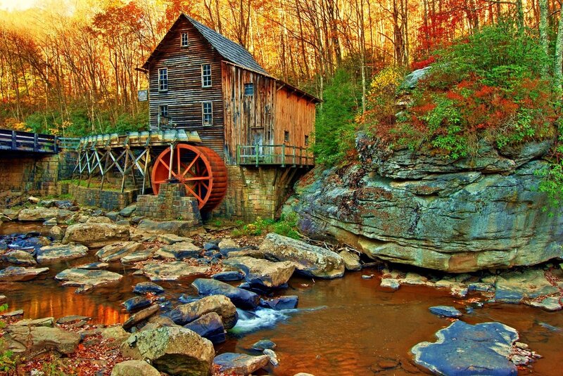Wooden Mill by River — Brown, Serene, Autumn